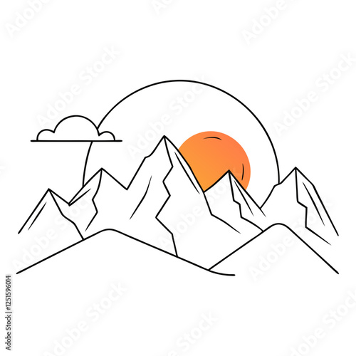 One continuous line drawing of mountain range landscape with color sun vector