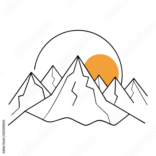 One continuous line drawing of mountain range landscape with color sun vector