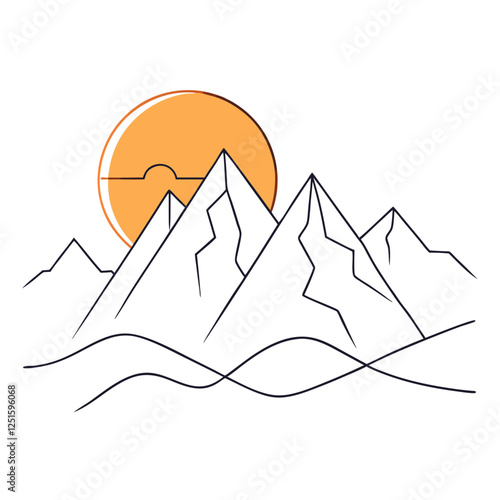 One continuous line drawing of mountain range landscape with color sun vector