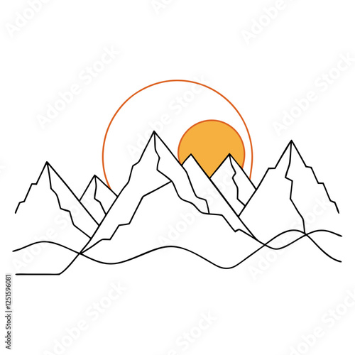 One continuous line drawing of mountain range landscape with color sun vector