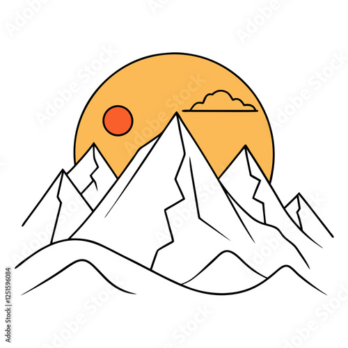 One continuous line drawing of mountain range landscape with color sun vector
