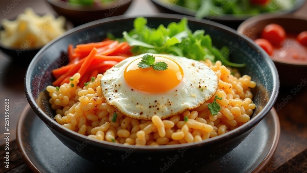 Savory Grain Bowl with Perfectly Fried Egg, and Vibrant Carrot and Herb Garnish Savory Grain Bowl with Perfectly Fried Egg, and Vibrant Carrot and Herb Garnish
