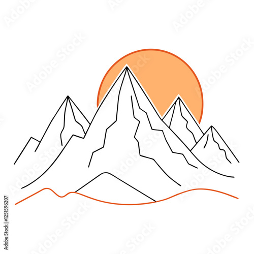 One continuous line drawing of mountain range landscape with color sun vector