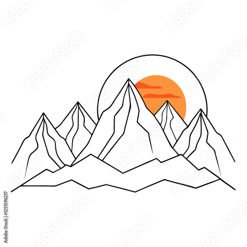 One continuous line drawing of mountain range landscape with color sun vector