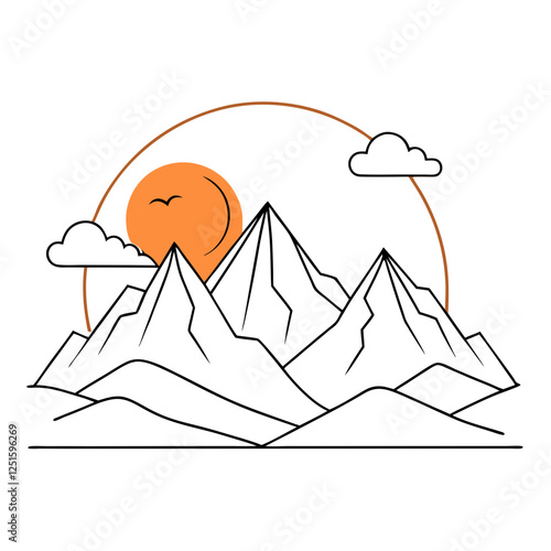 One continuous line drawing of mountain range landscape with color sun vector