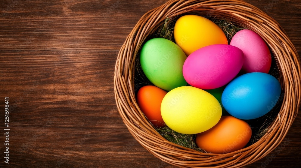 Colorful Easter Eggs In Woven Basket On Wooden Table Top View Still Life Arrangement. Colorful Easter Eggs In Woven Basket On Wooden Table Top View Still Life Arrangement.