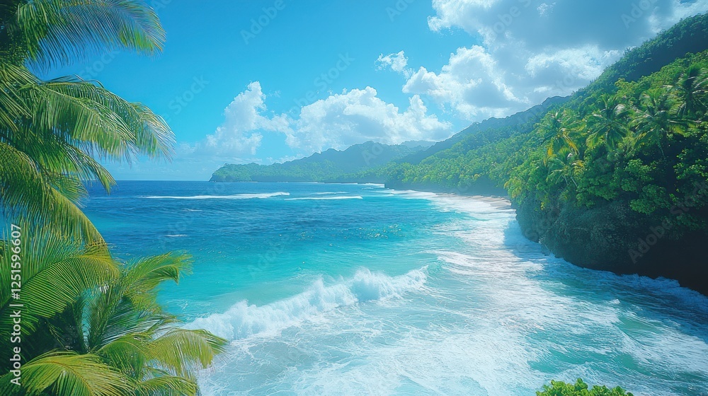 Fototapeta premium Tropical coast, waves crashing, palm trees, sunny sky, travel poster