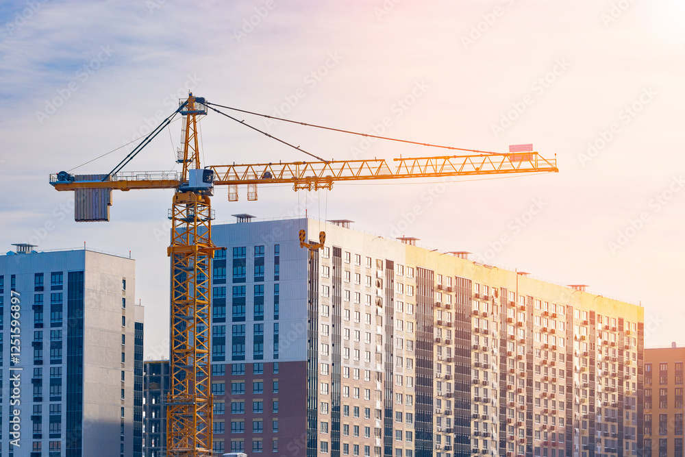 construction crane against the background of constructed residential buildings. new residential area. close-up construction crane against the background of constructed residential buildings. new residential area. close-up