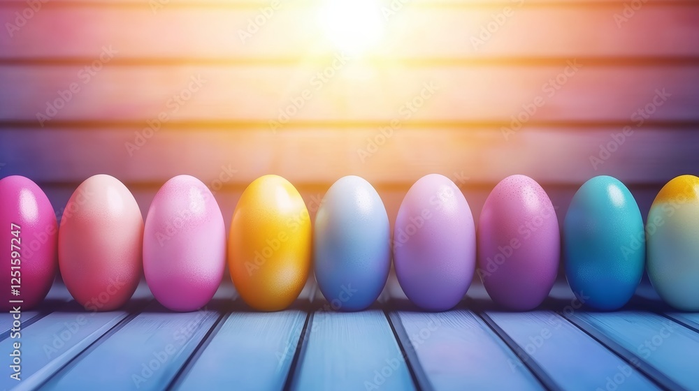 Colorful Easter Eggs Lineup on Wooden Plank Surface With Sun Flare Background Celebration Display. Colorful Easter Eggs Lineup on Wooden Plank Surface With Sun Flare Background Celebration Display.