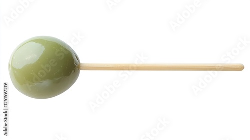 Green olive on a stick, isolated on a white background.