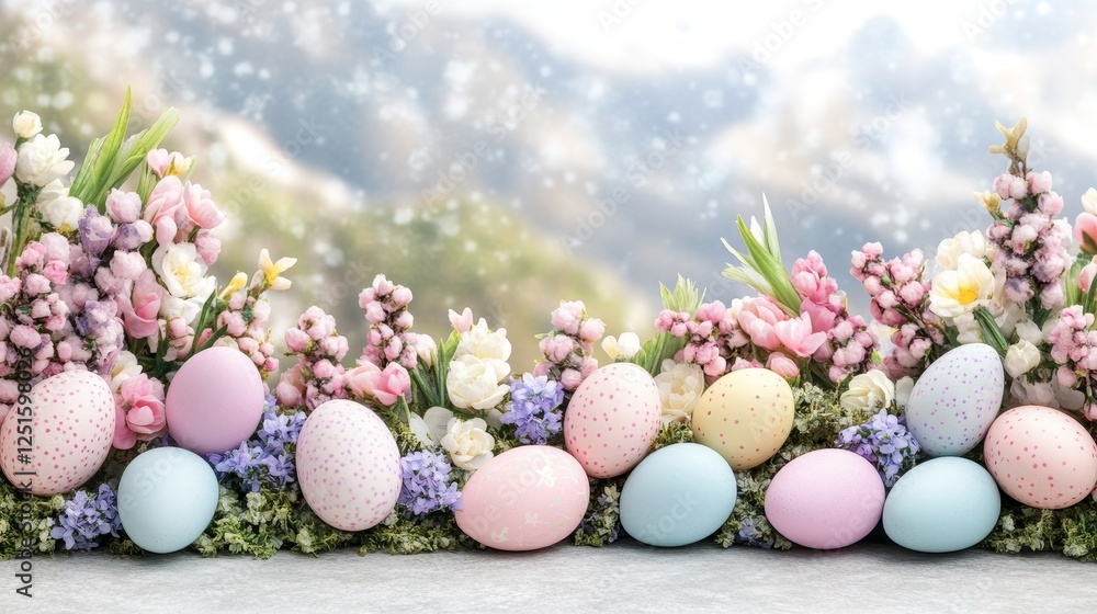 Obraz premium Colorful Easter Eggs Nestled Among Spring Flowers with Mountain Background in Scenic Landscape.
