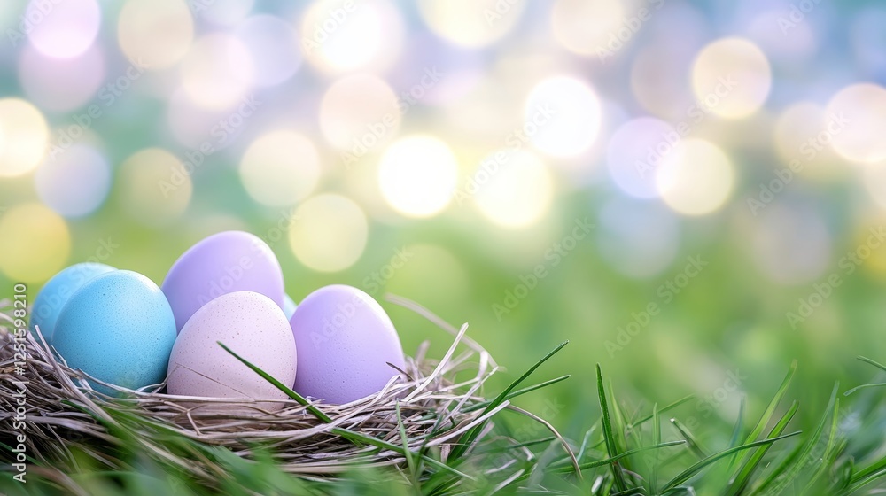 Obraz premium Colorful Easter Eggs Nestled in Grass with Bokeh Lights Background Holiday Scene.