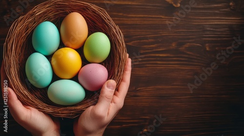 Colorful Easter Eggs Nestled in Woven Basket Held by Hands on Dark Wood Tabletop Surface.
