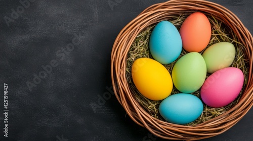 Colorful Easter Eggs Nestled in Woven Basket on Dark Surface with Straw Like Nesting Material.