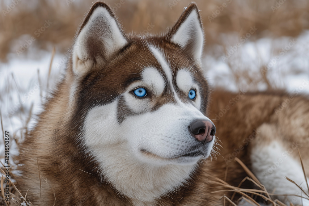 Siberian Husky with striking blue eyes resting in a snowy field during winter's serene afternoon light Siberian Husky with striking blue eyes resting in a snowy field during winter's serene afternoon light
