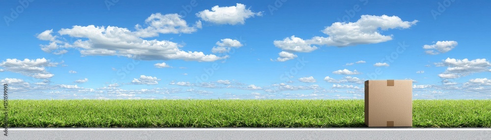 Cardboard box in a field under a clear sky. Potential use for shipping or delivery Cardboard box in a field under a clear sky. Potential use for shipping or delivery
