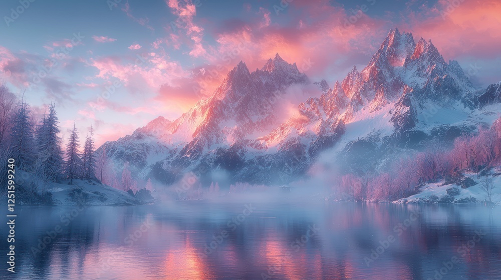 Obraz premium Pink sunrise over snowy mountains reflected in calm lake