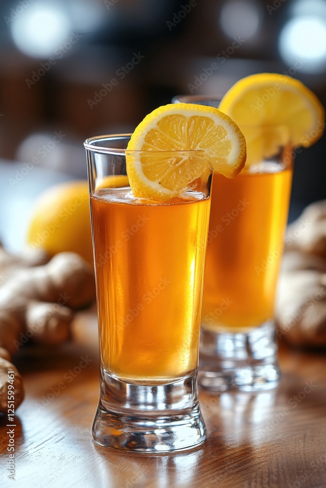 Refreshing Ginger Lemon Elixir in Glassware on Wooden Table with Soft Bokeh Background Refreshing Ginger Lemon Elixir in Glassware on Wooden Table with Soft Bokeh Background