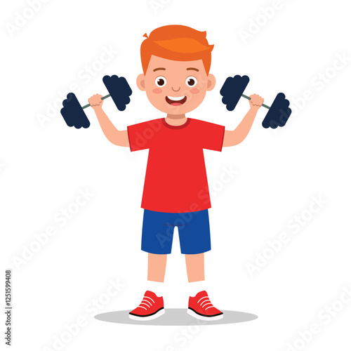 Cute Boy Lifting Dumbbell, Fitness Workout Flat Vector Illustration