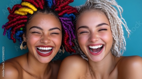 Two friends laughing and hugging each other with joy. Joyful moment between two women sharing a loving hug..