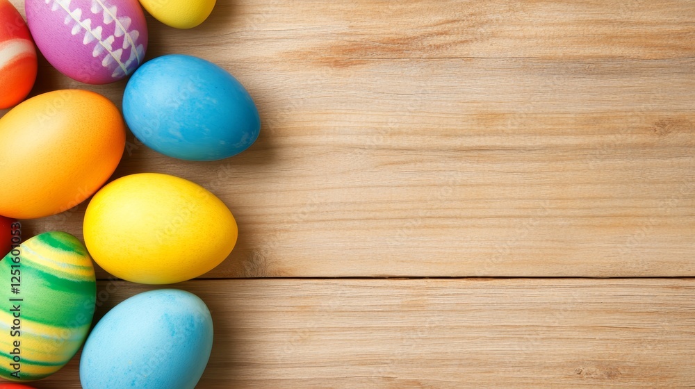 Colorful Easter Eggs on Wooden Table Top View Festive Spring Celebration Holiday. Colorful Easter Eggs on Wooden Table Top View Festive Spring Celebration Holiday.