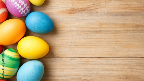 Wallpaper Mural Colorful Easter Eggs on Wooden Table Top View Festive Spring Celebration Holiday. Torontodigital.ca