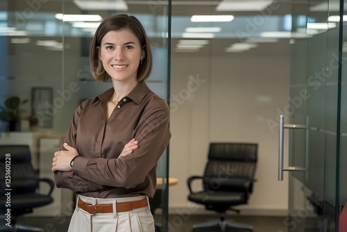 Happy confident young Hispanic professional business woman standing at work in office arms crossed looking away, proud businesswoman leader executive thinking of future career success. 