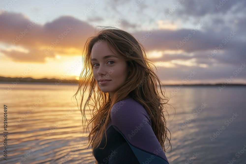 A young woman with wavy hair gazing softly at the camera, standing by the water during a golden sunset, radiating natural beauty and serenity. A young woman with wavy hair gazing softly at the camera, standing by the water during a golden sunset, radiating natural beauty and serenity.