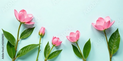 Wallpaper Mural Pastel Pink Flowers Arranged on a Light Blue Background, a Delicate and Serene Floral Composition Torontodigital.ca