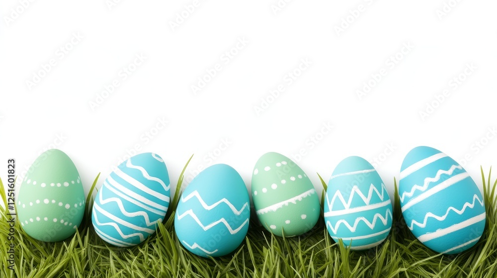 Colorful Easter Eggs Resting in Green Grass with White Background and Patterned Shells. Colorful Easter Eggs Resting in Green Grass with White Background and Patterned Shells.