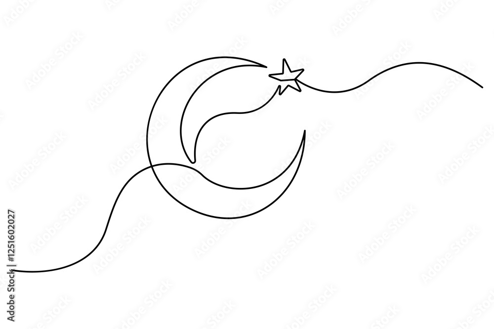 Obraz premium Continuous one line drawing of Moon and star outline vector illustration 