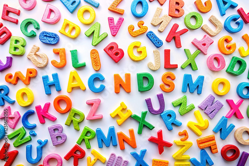 Colorful alphabet letters scattered on white background; educational resource