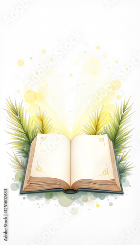Open hymn book with palm leaf decoration and pastel colors, Palm Sunday