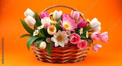 Tulips in a basket with an orange background, ideal for spring or festive themes photo