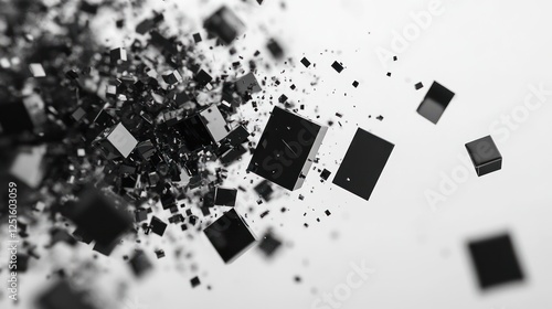 Exploding black cubes, white background, digital art, abstract tech