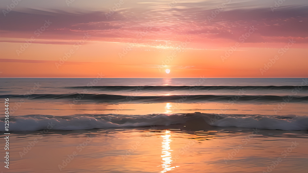 Obraz premium このデジタルグラフィックリソースは、穏やかな海の夕焼けの美しさを捉えています。軽やかな波が岸辺を撫で、金色の反射が水面で踊ります。空の優しいグラデーションは、ピンクからゴールドへと変化し、幻想的でリラックスした雰囲気を演出します。洗練されたデザインプロジェクト、エレガントなブランディング、ロマンチックな背景、芸術的な構成に最適です。