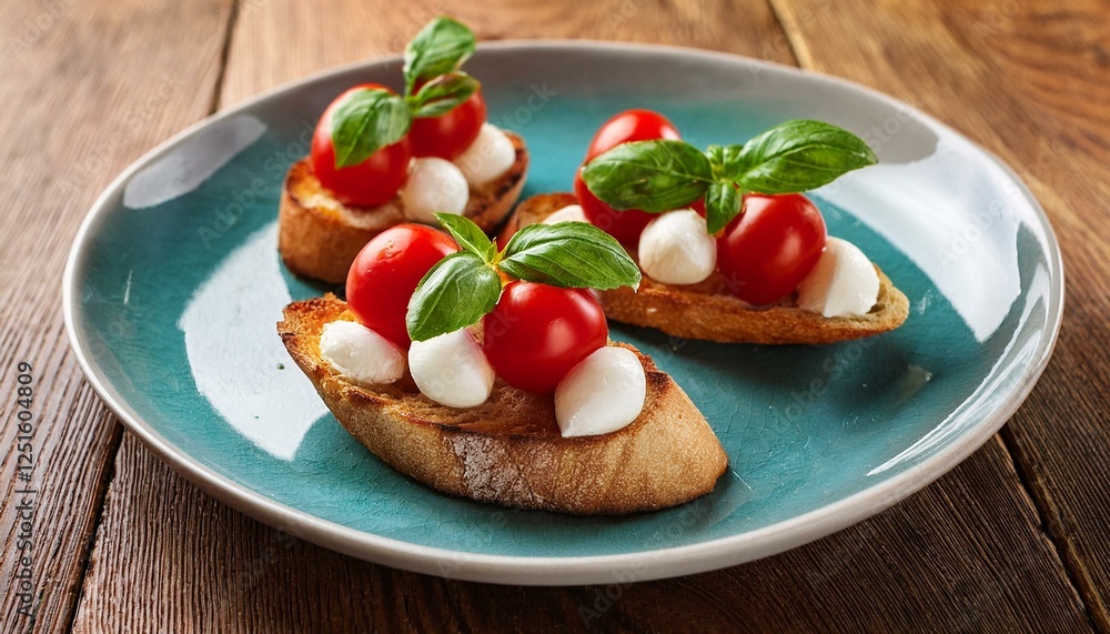 baguette toasts topped with mozzarella cheese cherry tomatoes and fresh basil served on a rustic wooden background close up view baguette toasts topped with mozzarella cheese cherry tomatoes and fresh basil served on a rustic wooden background close up view