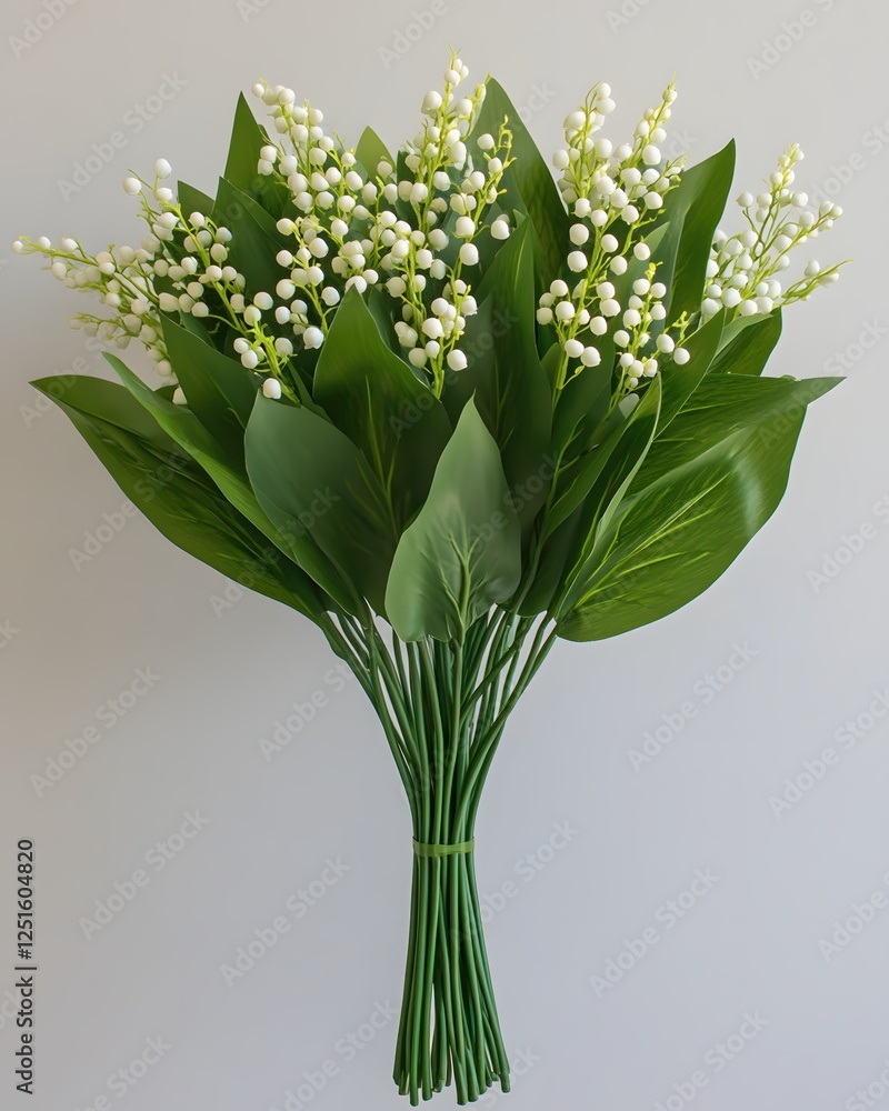 Obraz premium Elegant lily of the valley bouquet with fresh green leaves against a neutral background