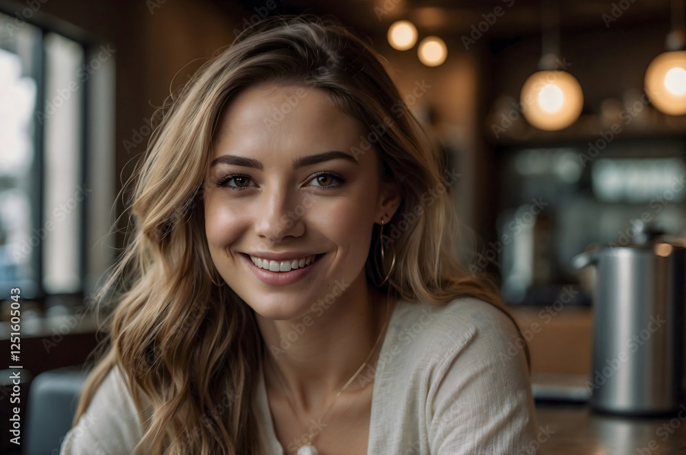 A beautiful brunette girl is sitting in a cafe and smiling
