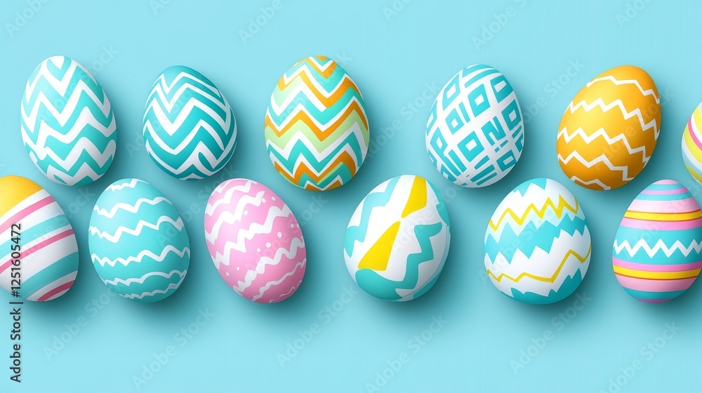 Fototapeta premium Colorful Easter Eggs With Various Patterns On A Light Blue Background Placed Diagonally.