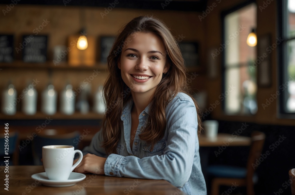 A beautiful brunette girl is sitting in a cafe and smiling A beautiful brunette girl is sitting in a cafe and smiling