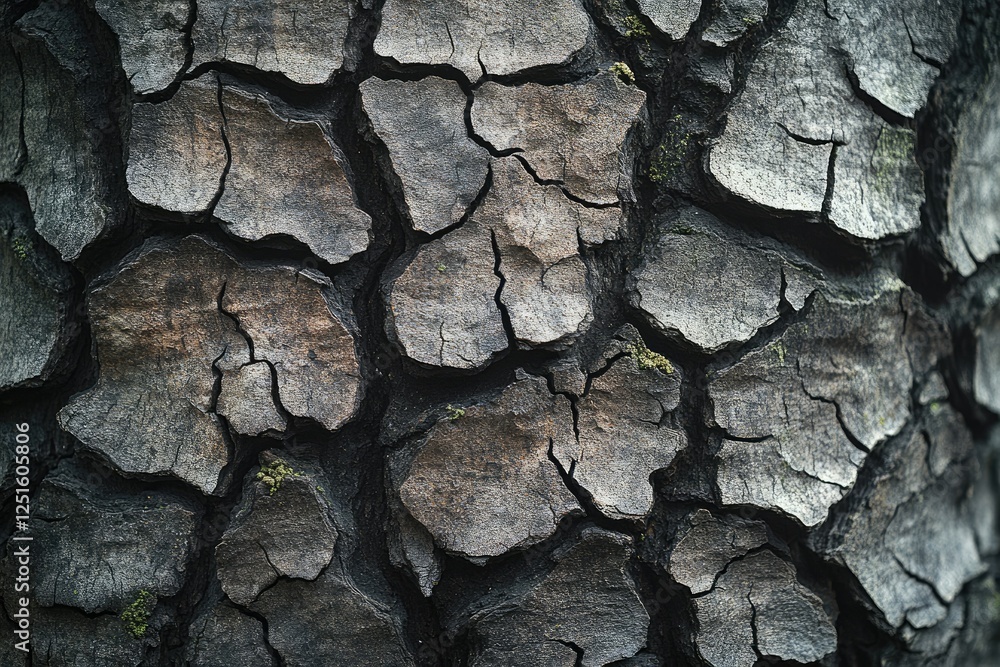 A highly detailed close-up of tree bark, revealing deep cracks, rough textures, and patches of moss growing in the crevices, copy space background