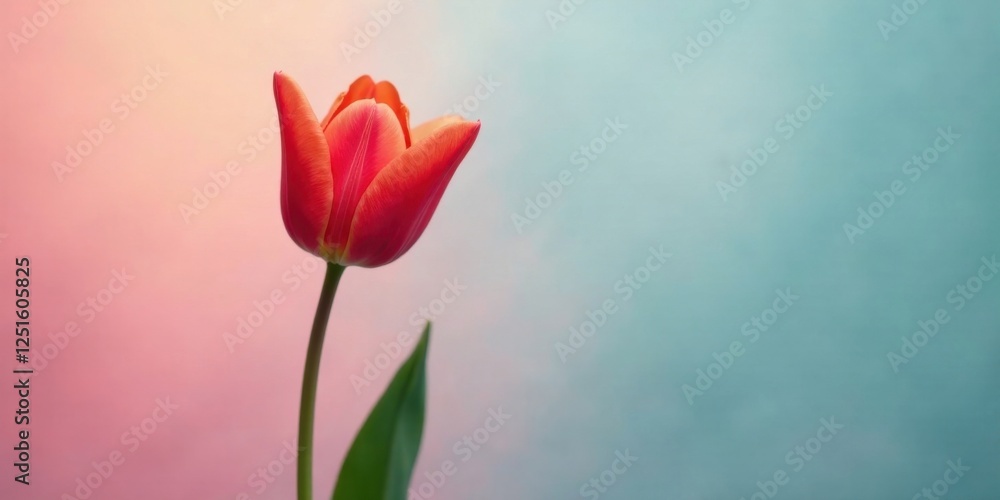 Obraz premium A single, vibrant orange tulip stands elegantly against a soft, pastel backdrop of pink and teal hues, creating a serene and visually appealing image perfect for various design projects.