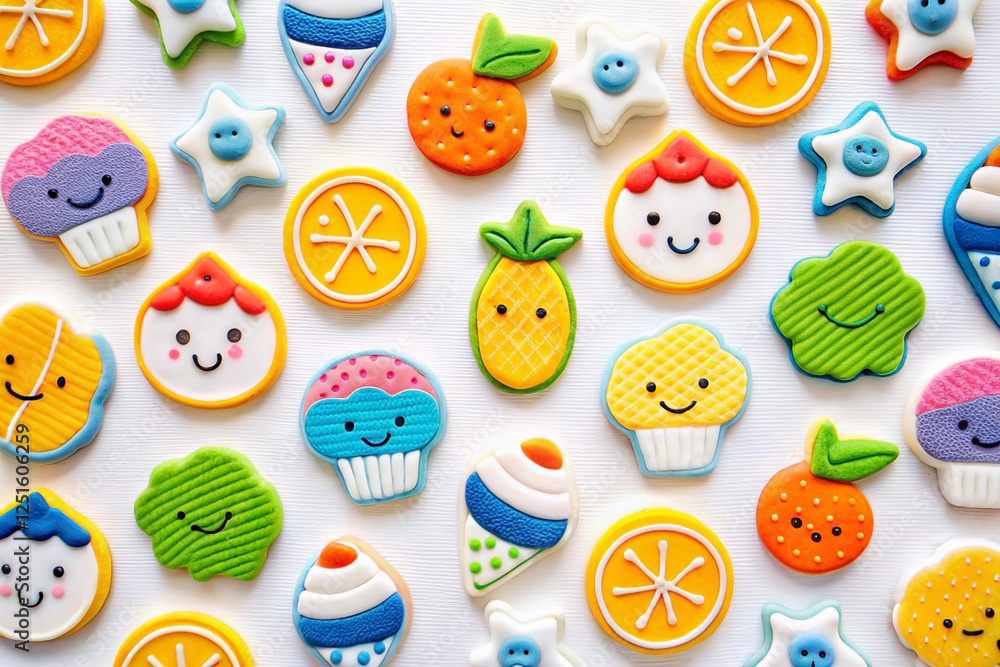 Colorful fruit and dessert cookies pattern, flat lay, white background, food photography, baking Colorful fruit and dessert cookies pattern, flat lay, white background, food photography, baking