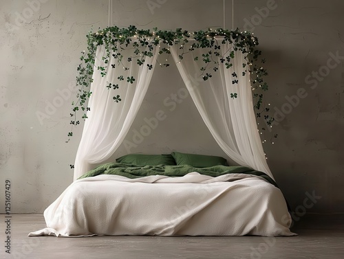 A festive bed canopy draped with shamrock garlands and fairy lights, creating a magical St Patrick s Day atmosphere photo