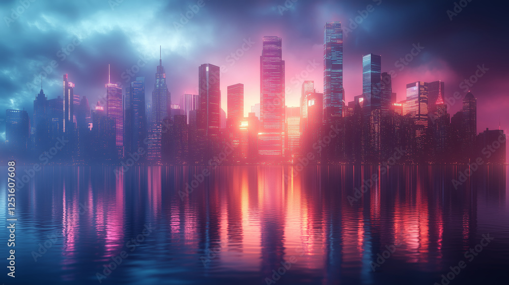 Obraz premium Neon Cityscape at Dusk with Reflective Water