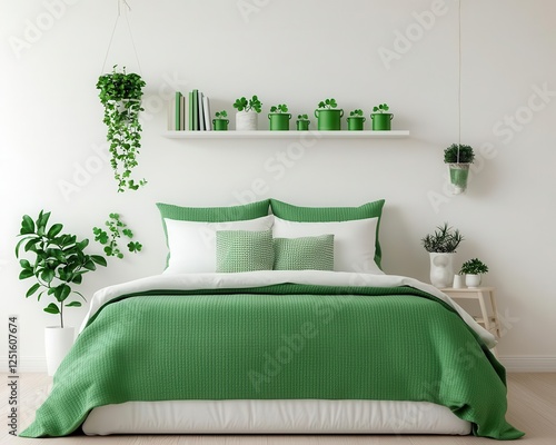 A cozy nook with a single bed featuring a builtin bookshelf at the headboard, decorated with small pots of gold and shamrock garlands photo