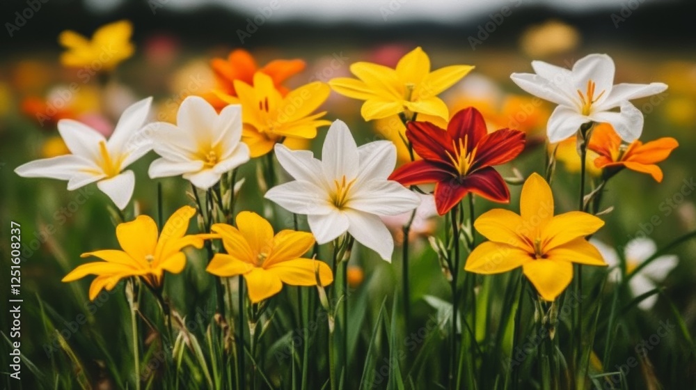 Obraz premium Colorful Field Of Flowers With Yellow White Orange And Red Blooms In Natural Setting.