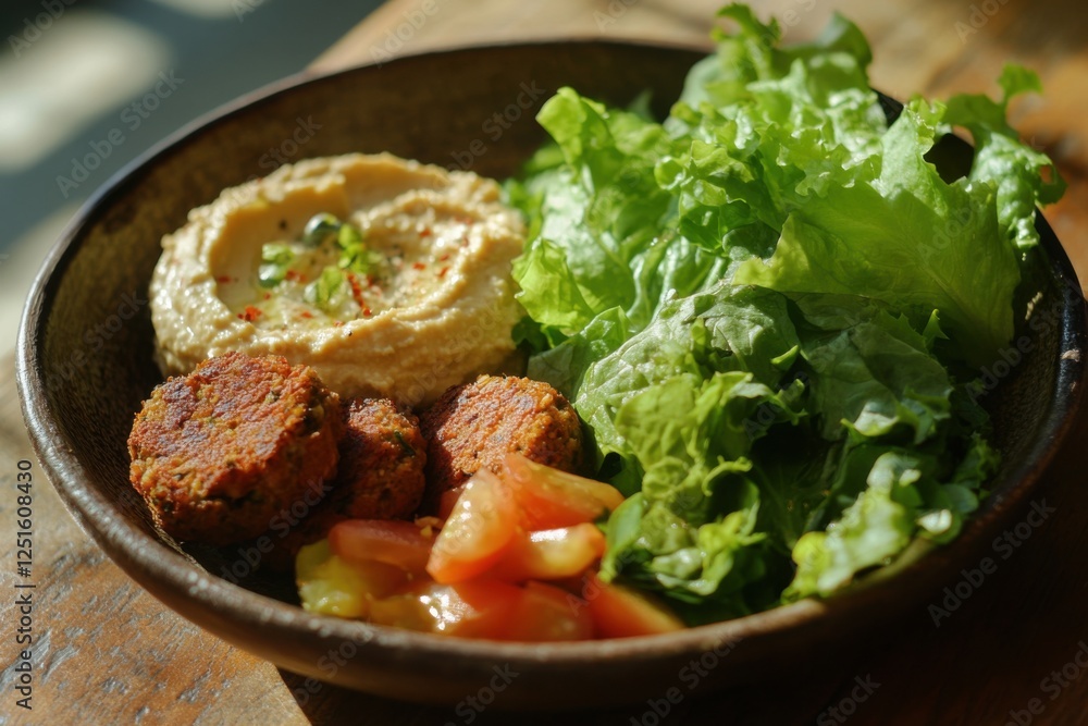 A nutritious plant-based lunch plate featuring falafel, fresh greens, and hummus, arranged artistically on a rustic ceramic plate
