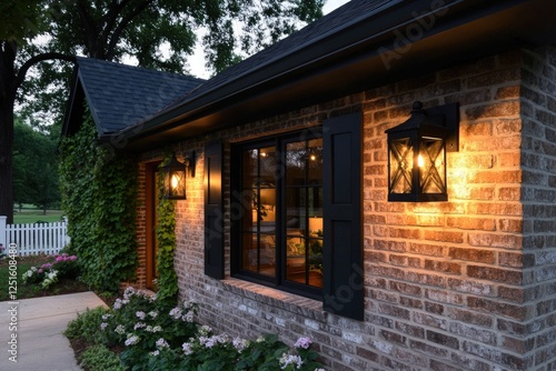 Evening brick house exterior lighting